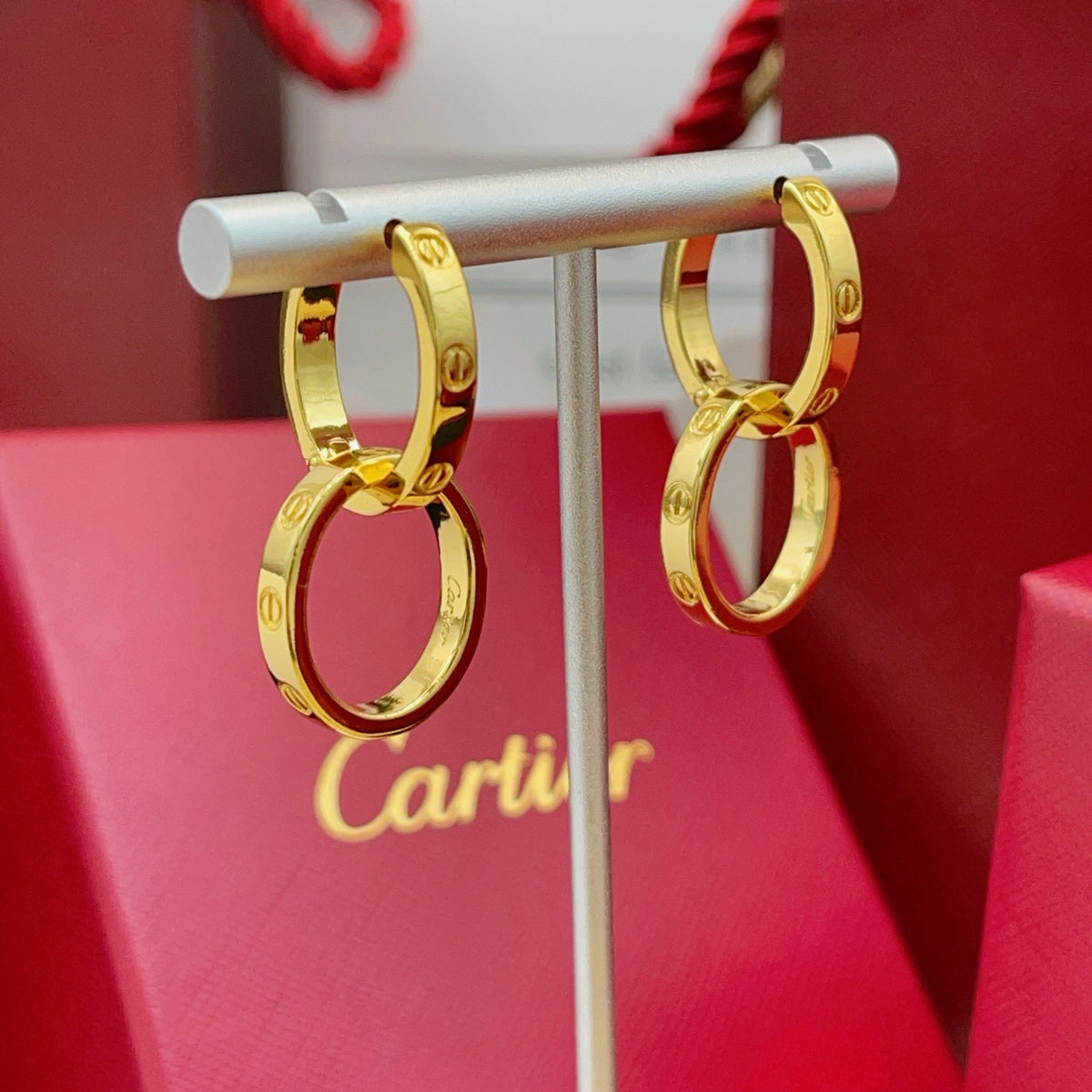 Brincos Pendentes de Anel Duplo com Detalhe em Parafuso