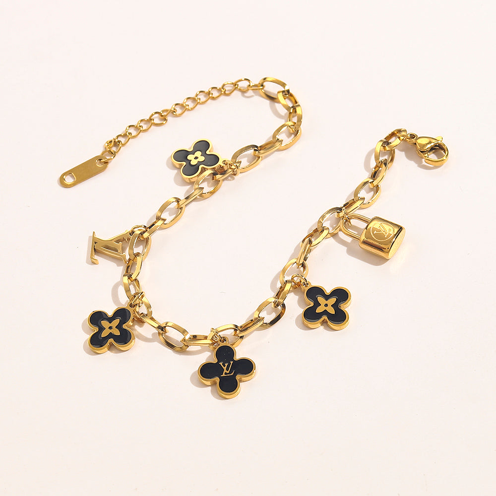 304 Stainless Steel Black Floral Charm Chain Bracelet