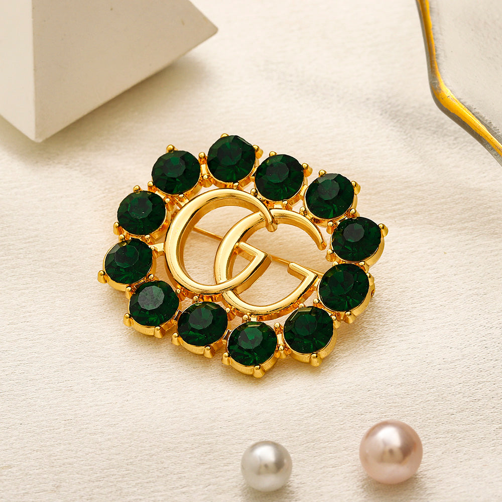 Alloy Oval Letter Brooch with Colored Stone Border