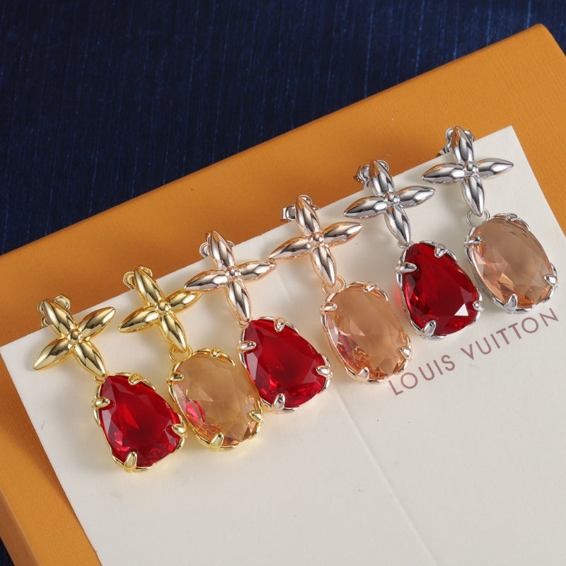 Floral Stud & Oval Stone Drop Earrings