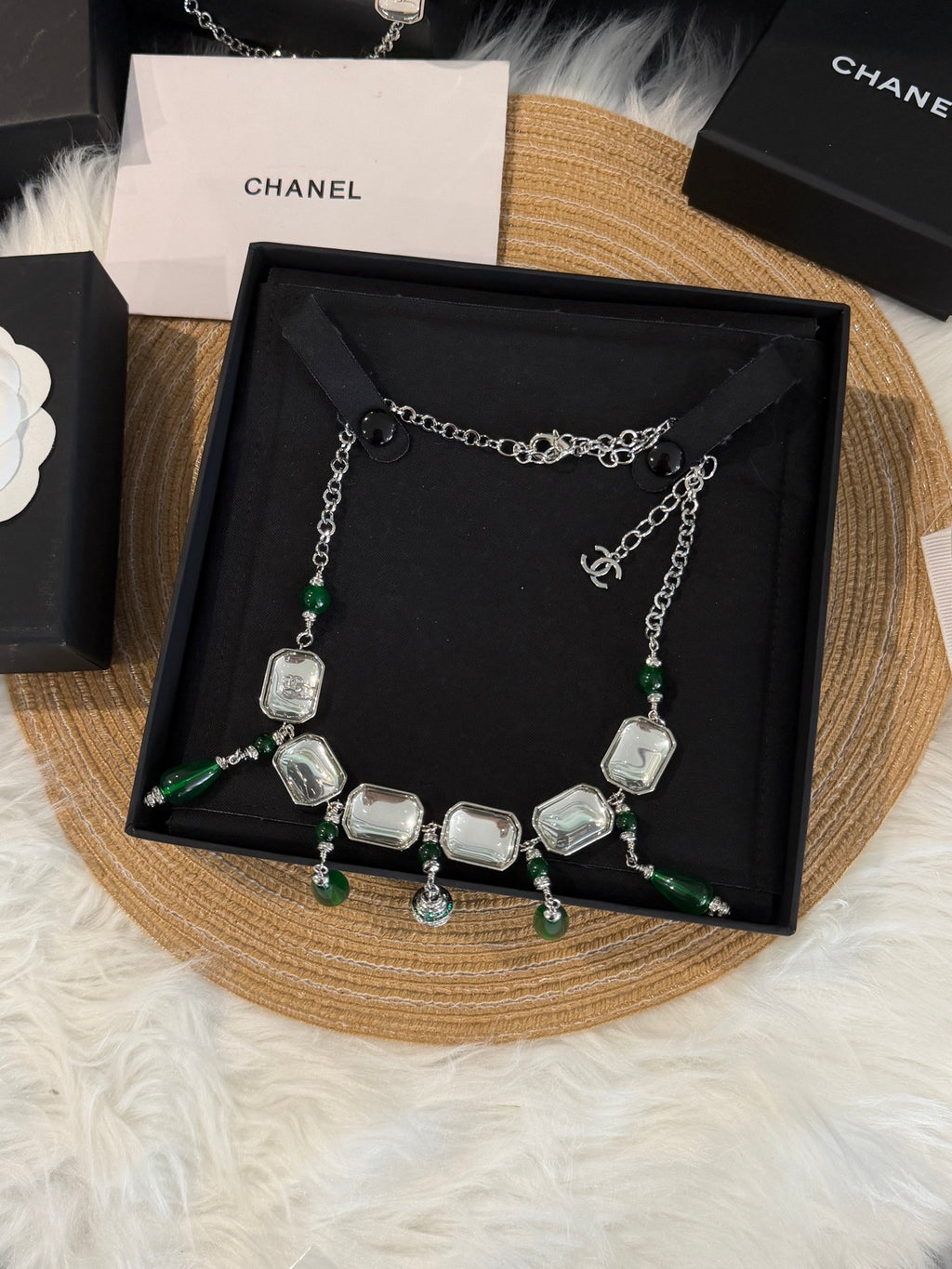 Vintage Geometric Pendant Necklace with Square, Emerald Teardrop & Clear Sugar-Cube Charms