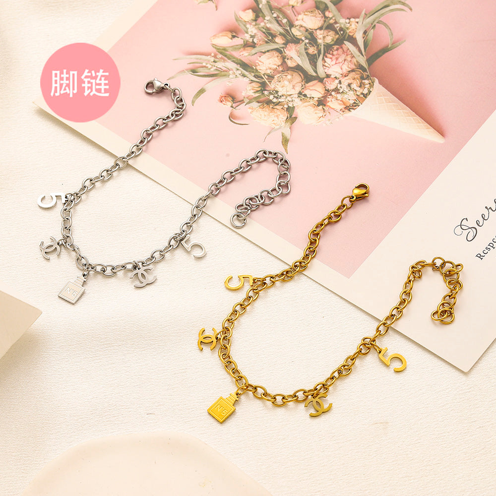 304 Stainless Steel Padlock & Emblem Charm Anklet