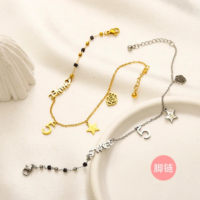 304 Stainless Steel Star & Letter Charm Anklet with Bead Accents