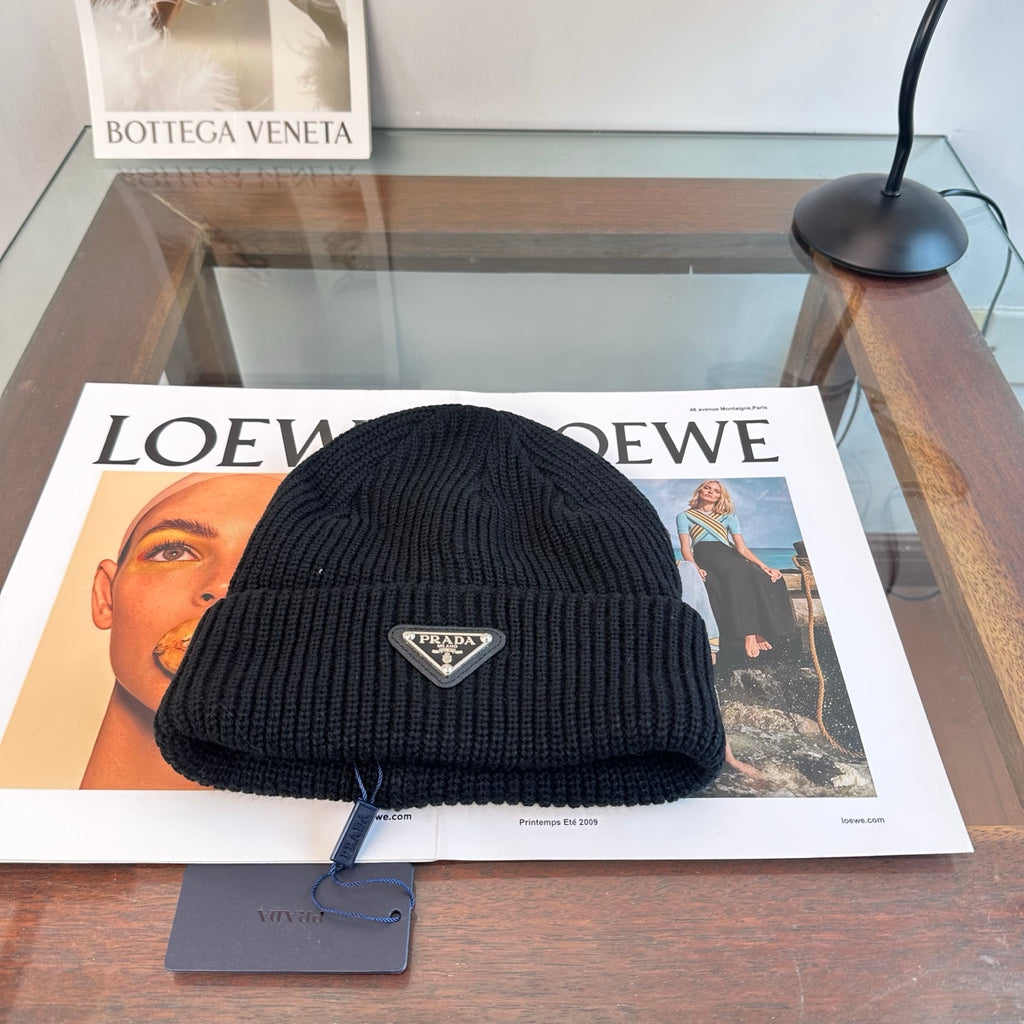 Ribbed Knit Beanie with Triangle Emblem