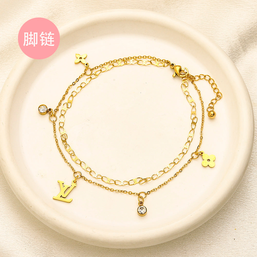 304 Stainless Steel Double-Chain Letter Charm Anklet