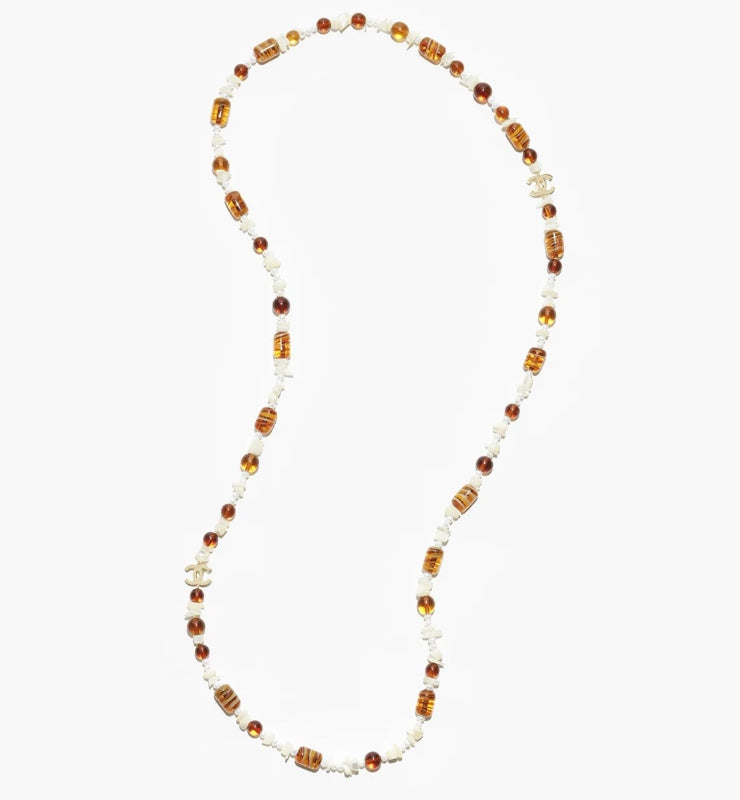 Gold Tone Long Sweater Necklace, Amber & White Stone Beaded Chain