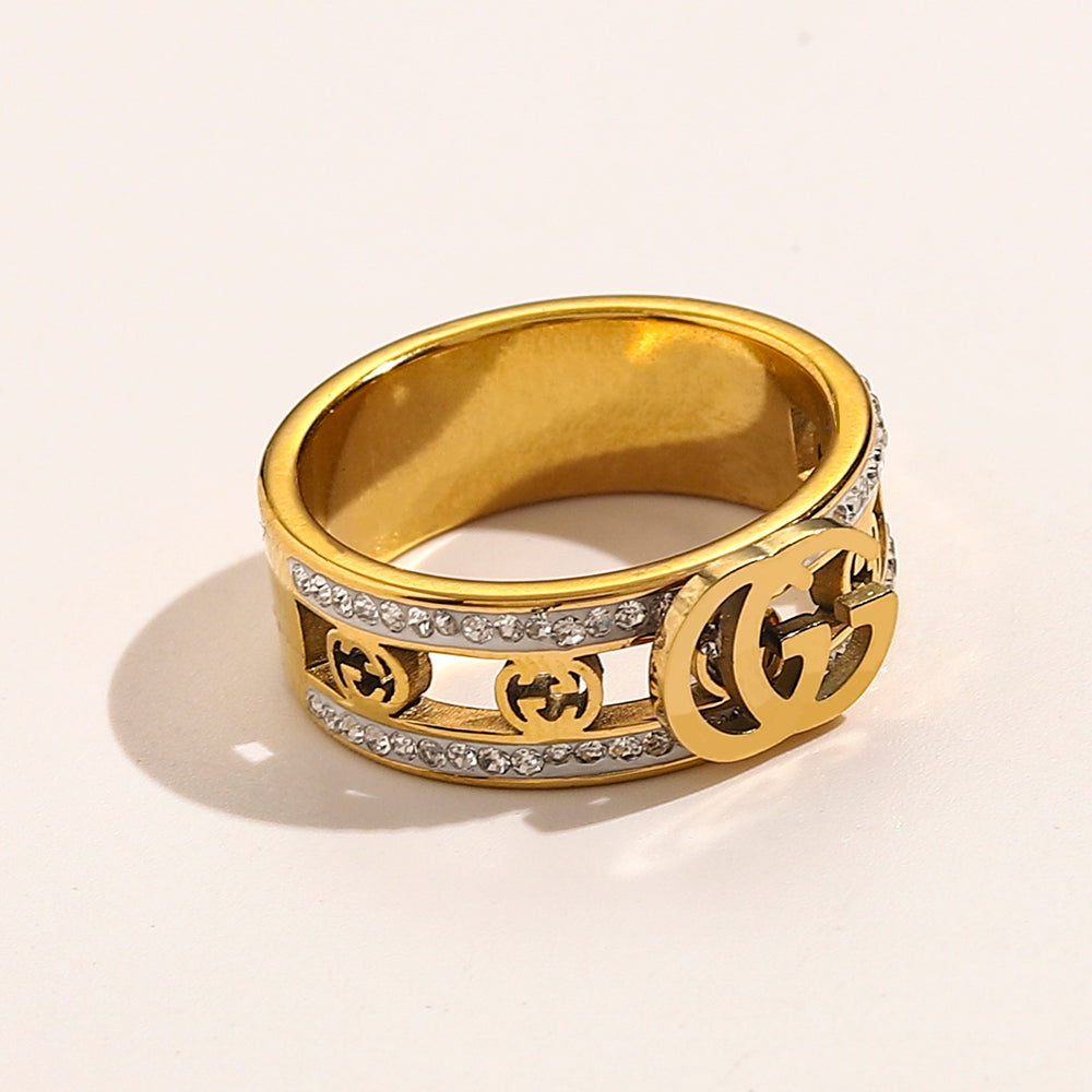 304 Stainless Steel Wide Emblem Ring with Stone-Set Edges