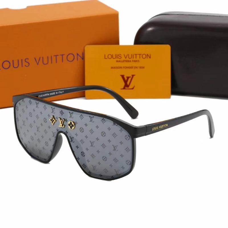 Gafas de sol con montura plana, escudo con monograma y varillas anchas