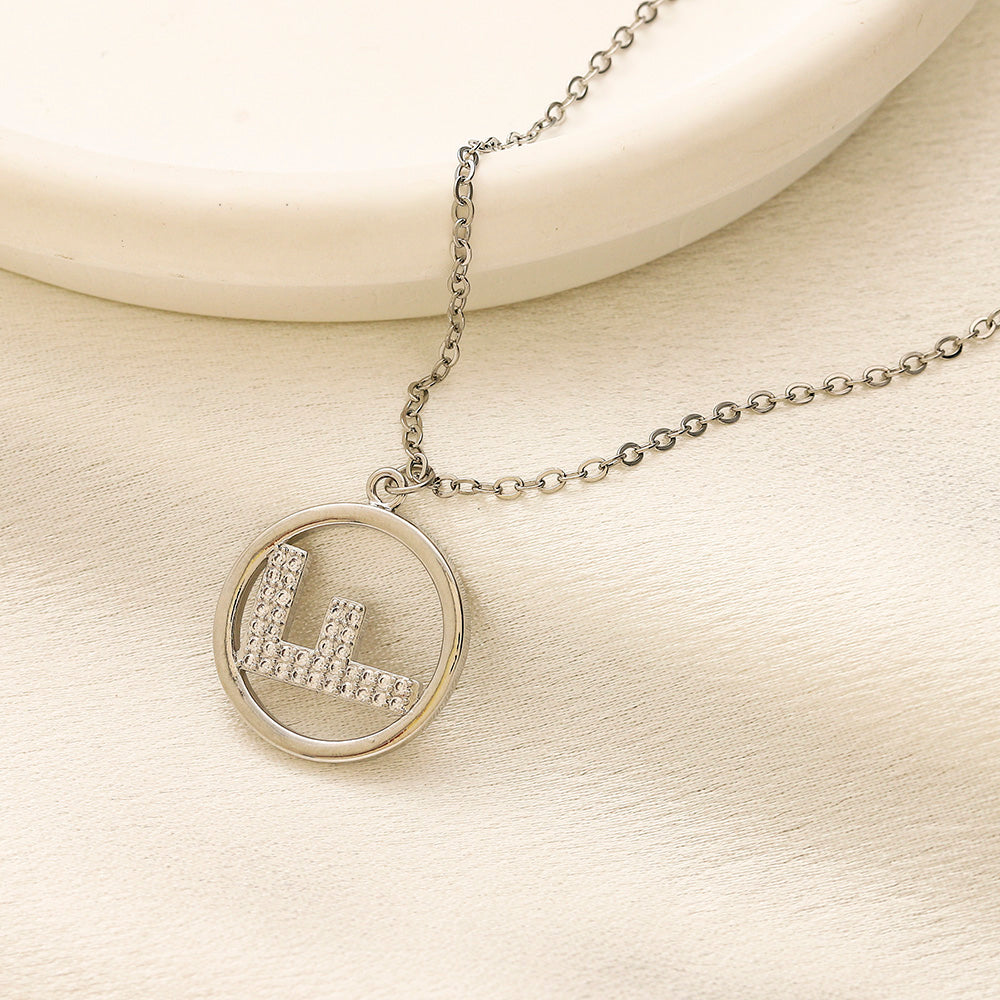 304 Stainless Steel Pave F-Motif Circle Pendant Necklace