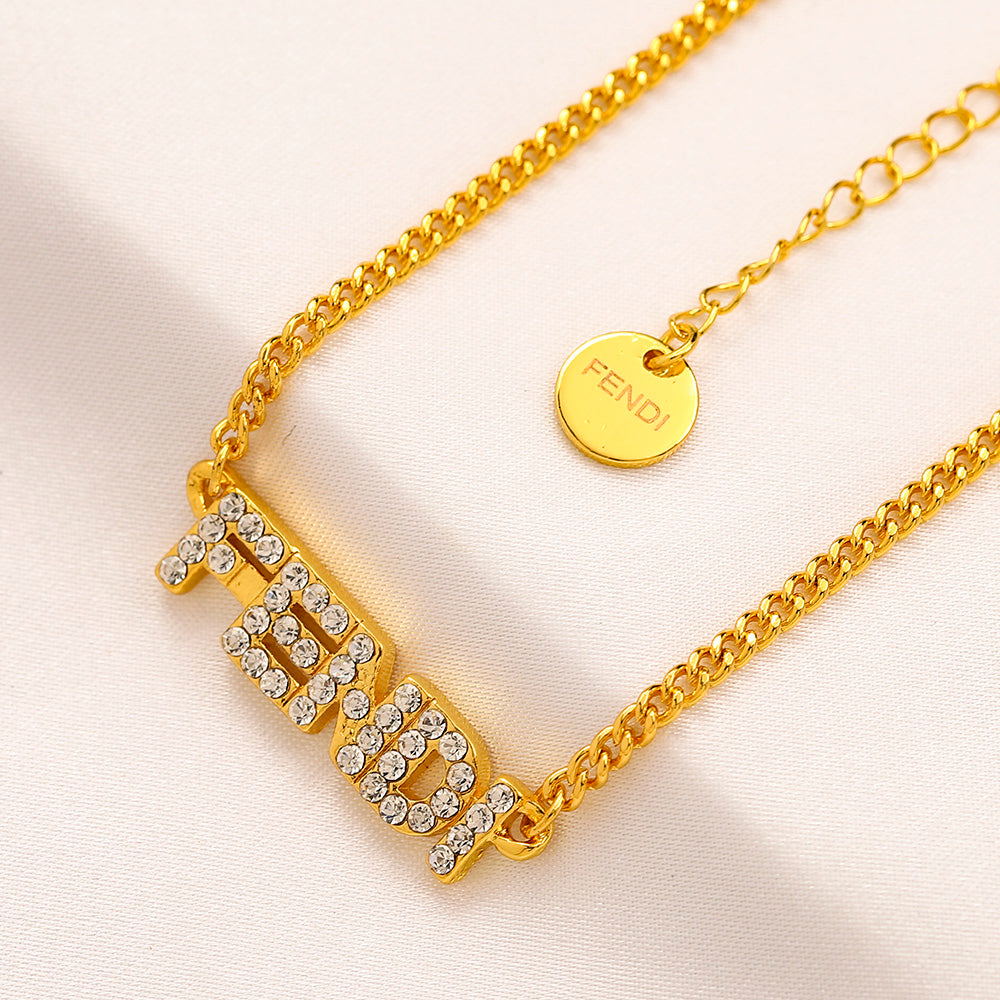 304 Stainless Steel Pave F-Motif Pendant Necklace