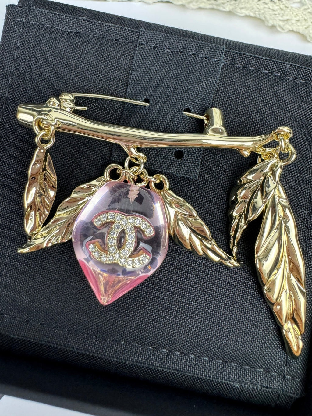 Leaf Bar Brooch with Pink Faceted Pendant