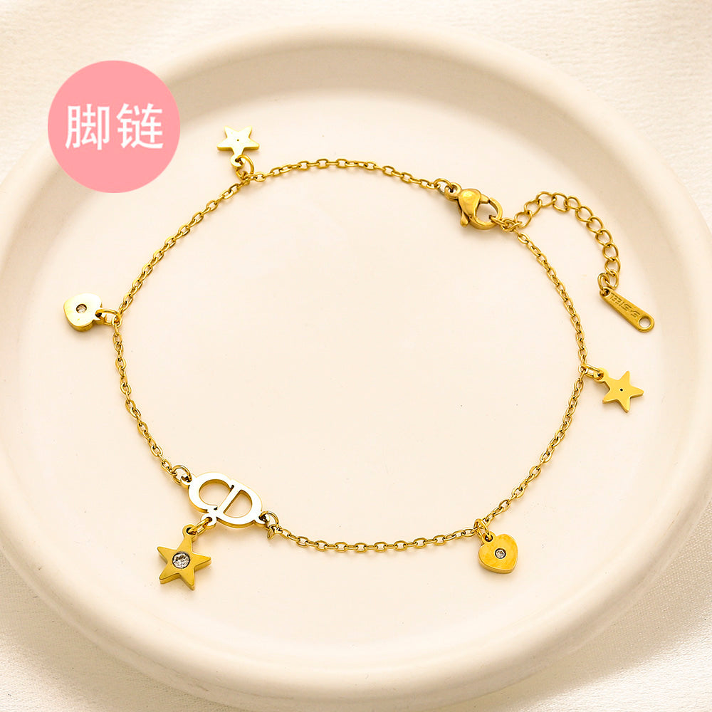 304 Stainless Steel Flower & Round Charm Anklet