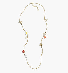 Colar comprido em tom dourado com pendente de flores em esmalte multicolorido