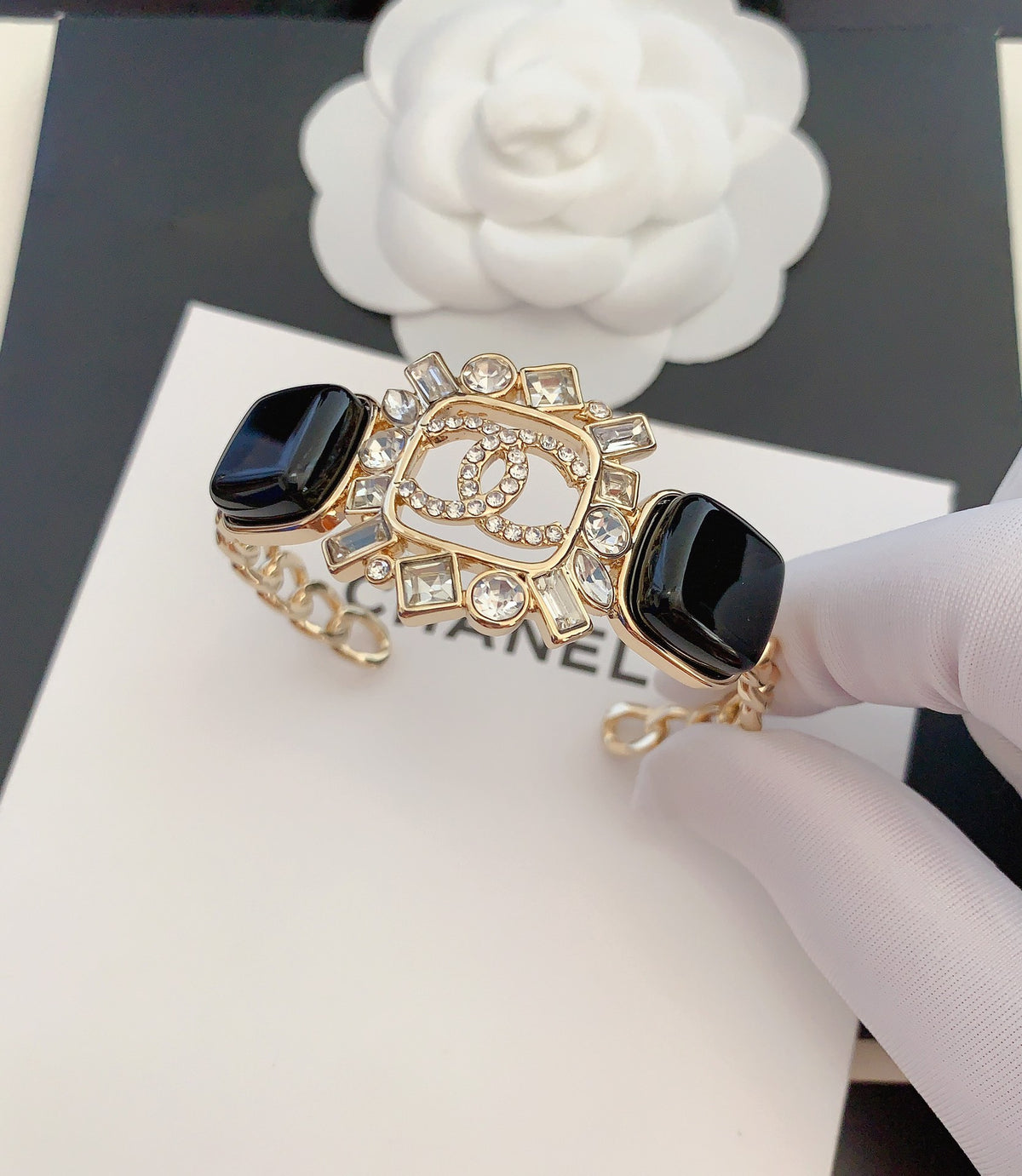 Emblem Chain Bracelet with Black Bead Accents