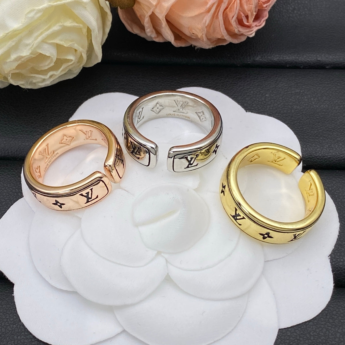 Openwork Monogram Wide Band Ring