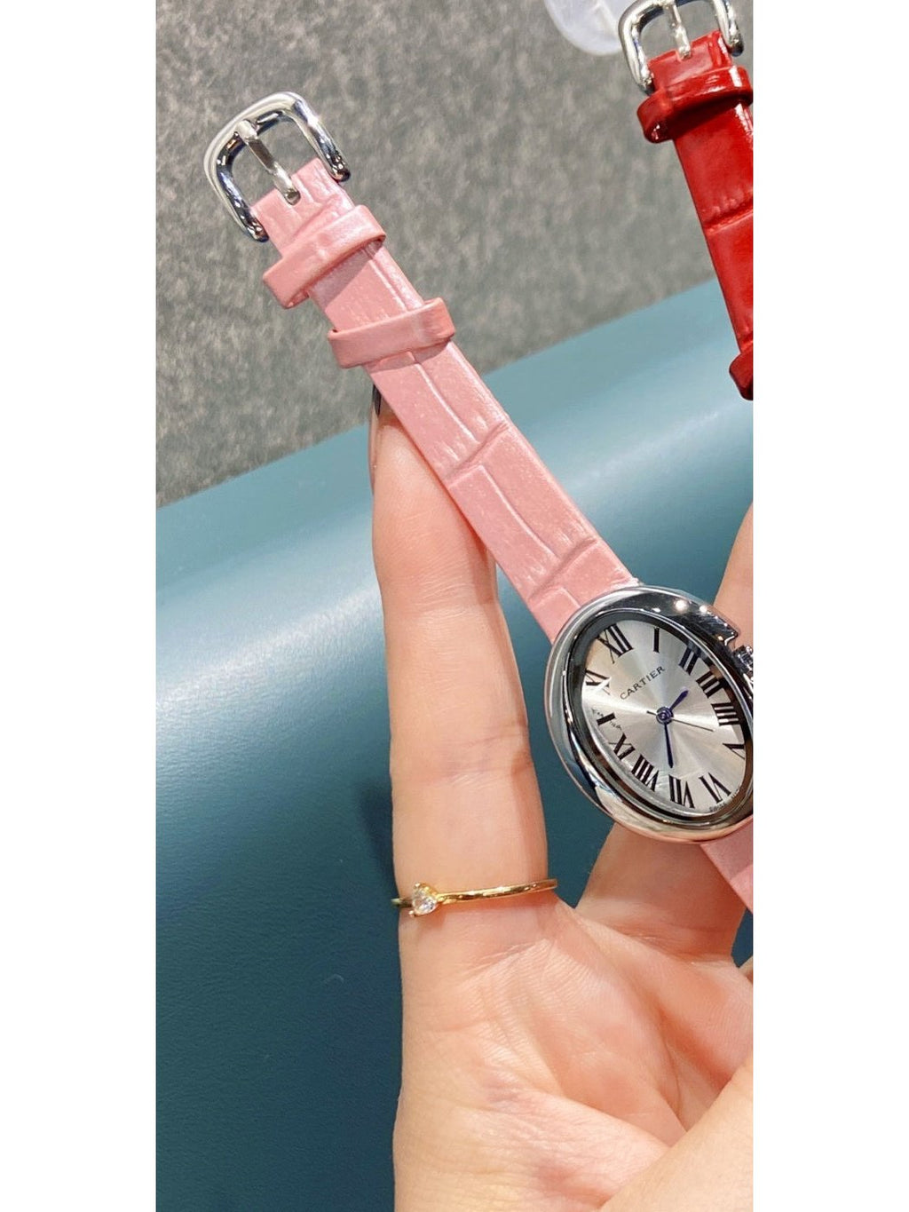 Oval Dial Leather-Look Strap Quartz Watch