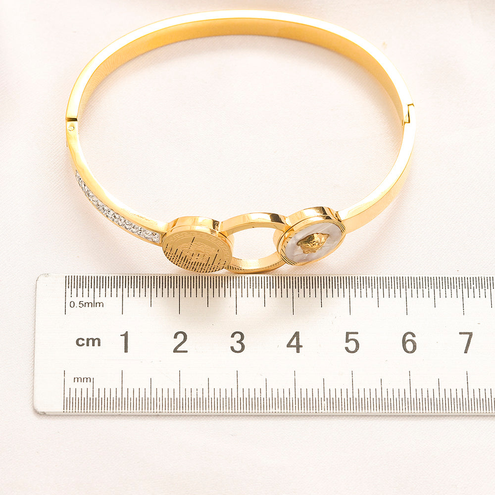 304 Stainless Steel Pave Round Medallion Bangle Bracelet