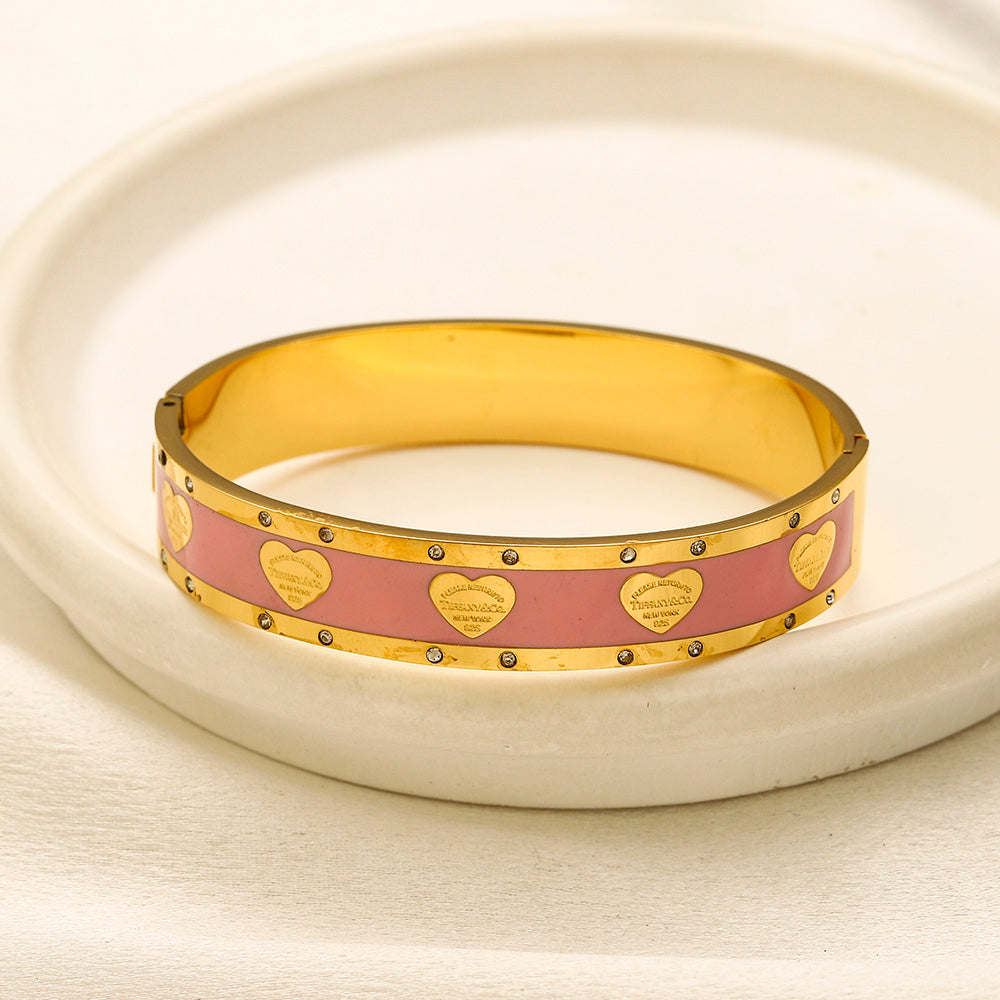 304 Stainless Steel Color-Inlay Heart Pattern Bangle Bracelet