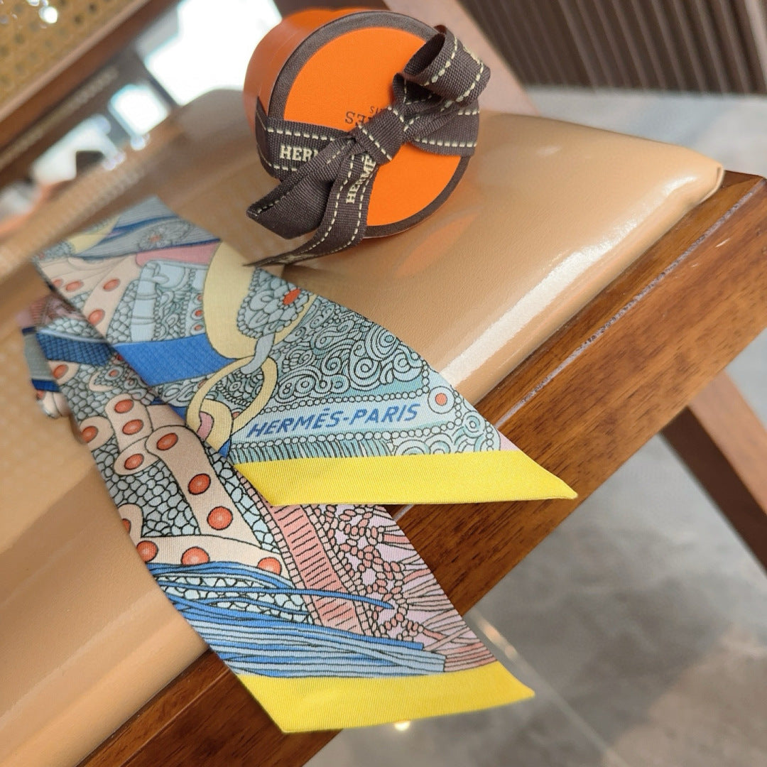 Colorblock Geometric Print Ribbon Scarf - 5 x 120 cm