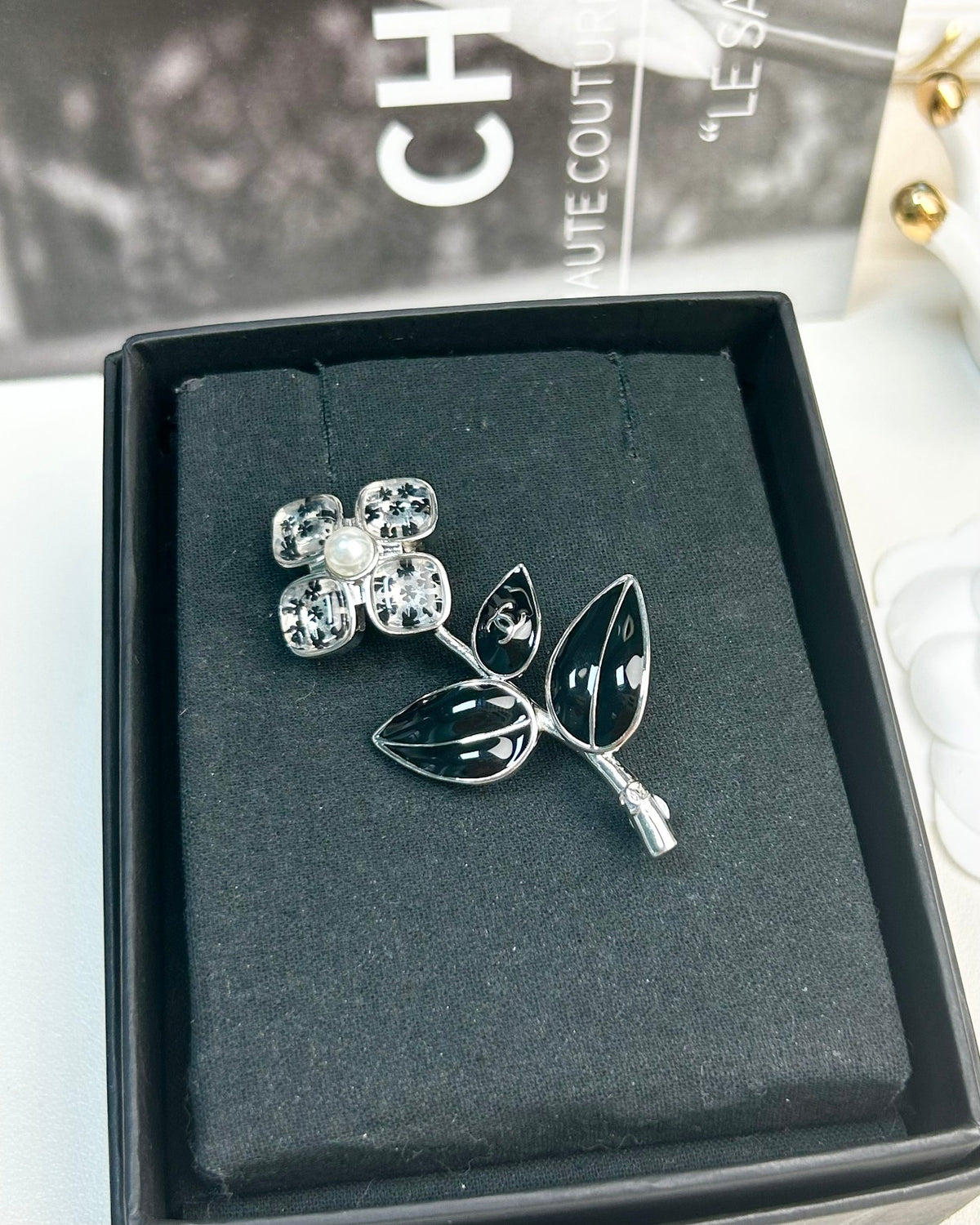 Black Leaf & Stone Flower Brooch