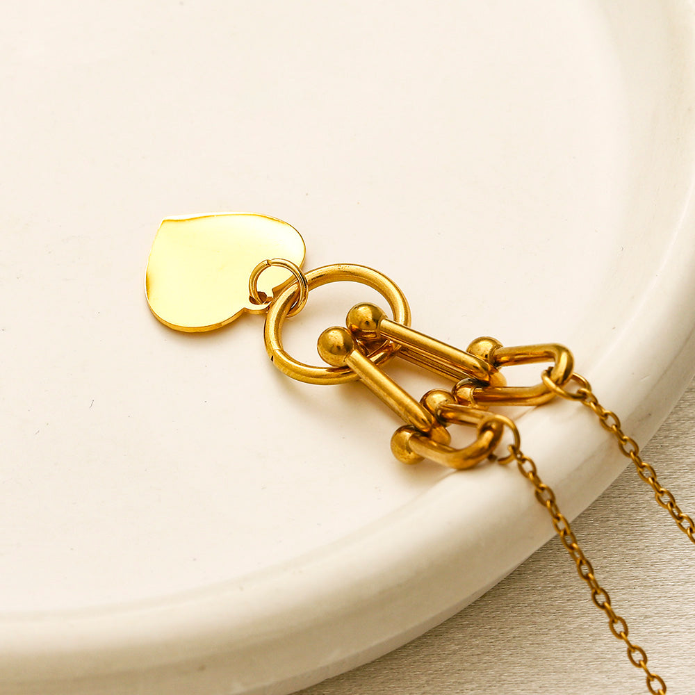 304 Stainless Steel Heart Charm Toggle Paperclip Necklace