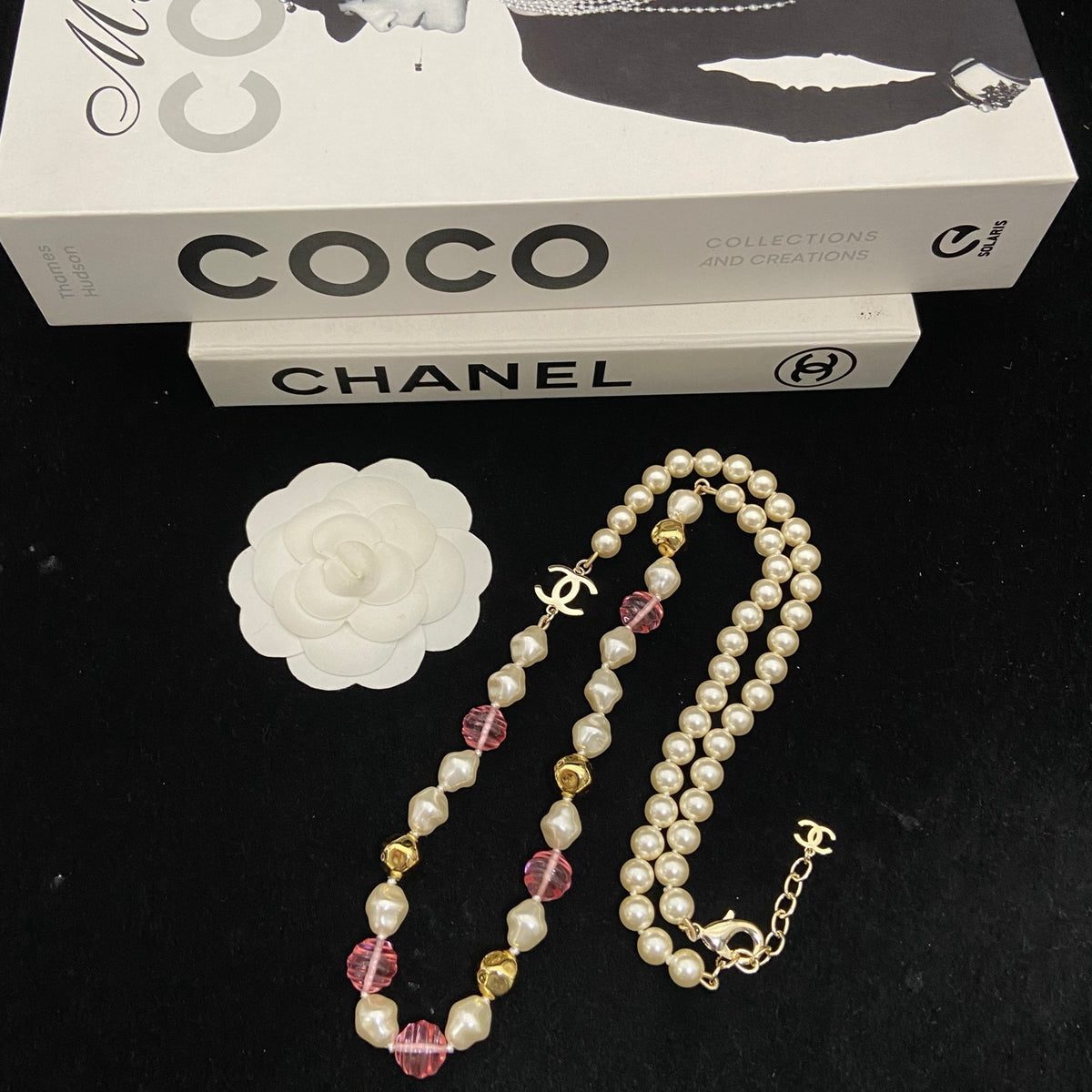 Red & Pearl-Look Bead Monogram Necklace