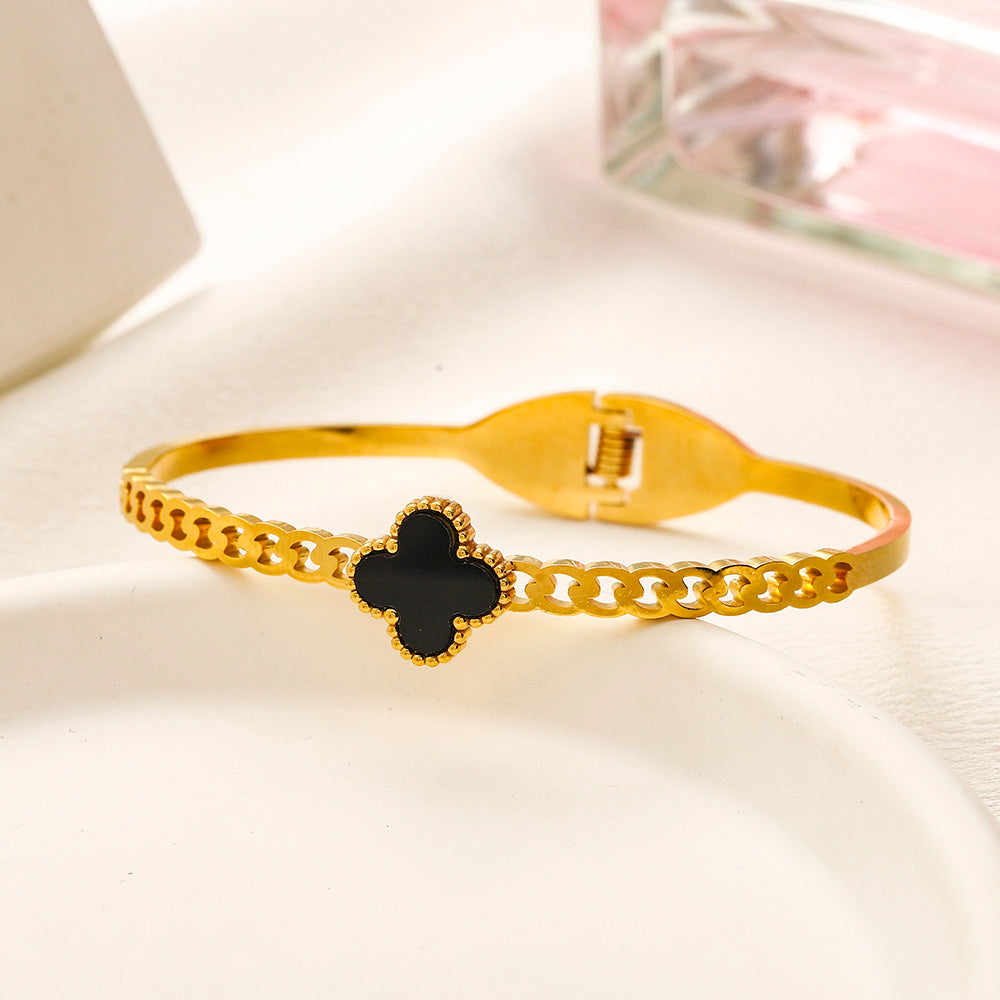 304 Stainless Steel Colorful Quatrefoil Open Cuff Bracelet
