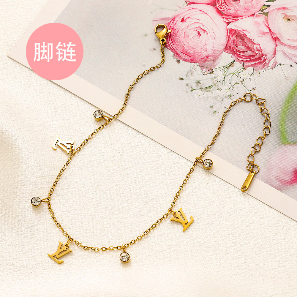 304 Stainless Steel Letter & Stone Station Anklet