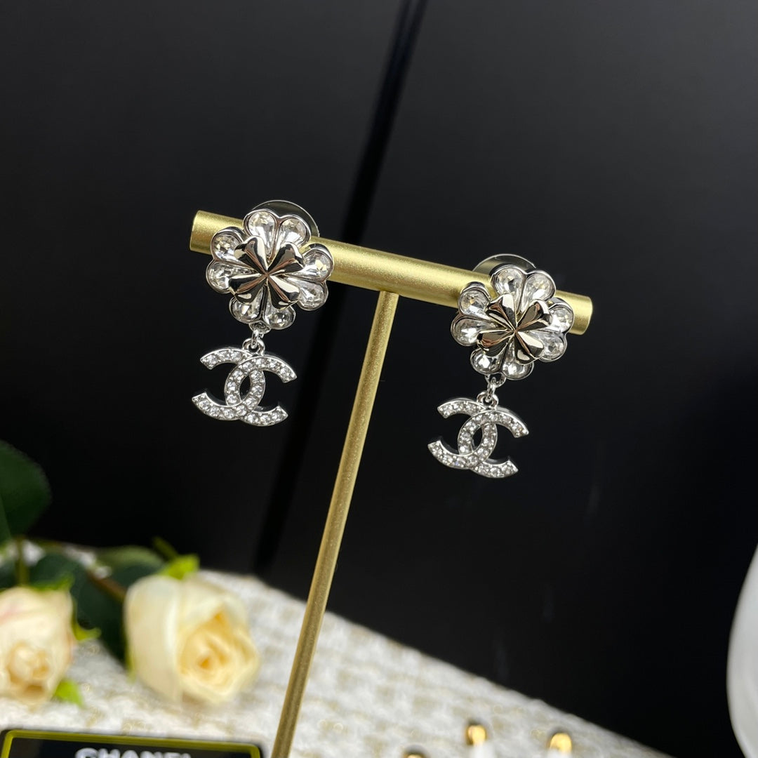 Silver-Tone Flower & Interlocking-C Drop Earrings