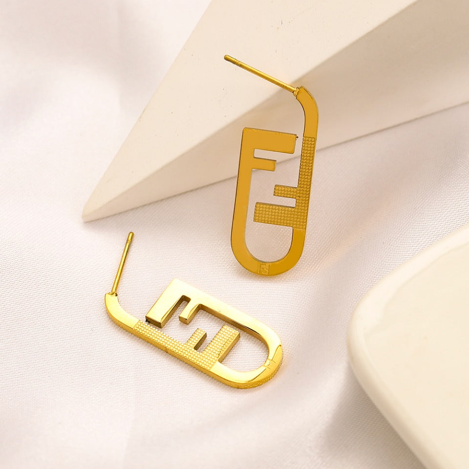 304 Stainless Steel F-Motif Oval Hoop Earrings