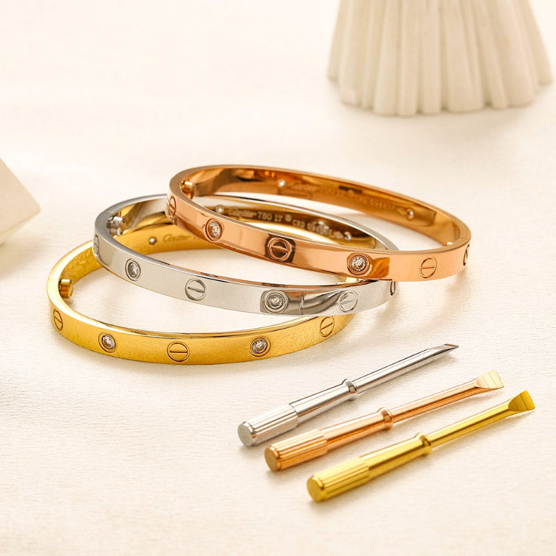 304 Stainless Steel Stone-Accent Screw-Detail Bangle Bracelet