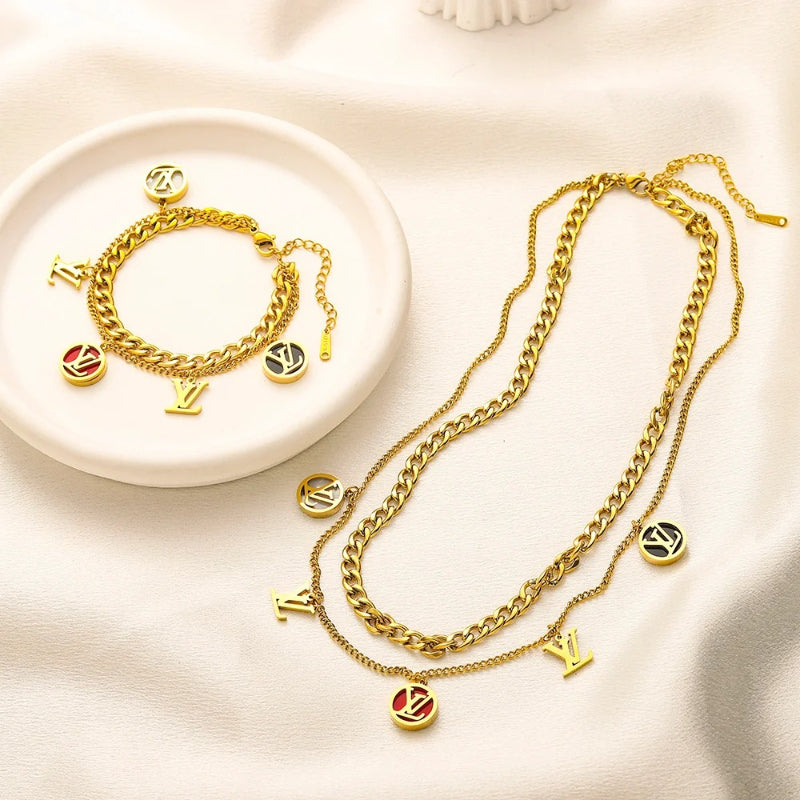 304 Stainless Steel Layered Monogram Charm Bracelet & Necklace - Individual or Set