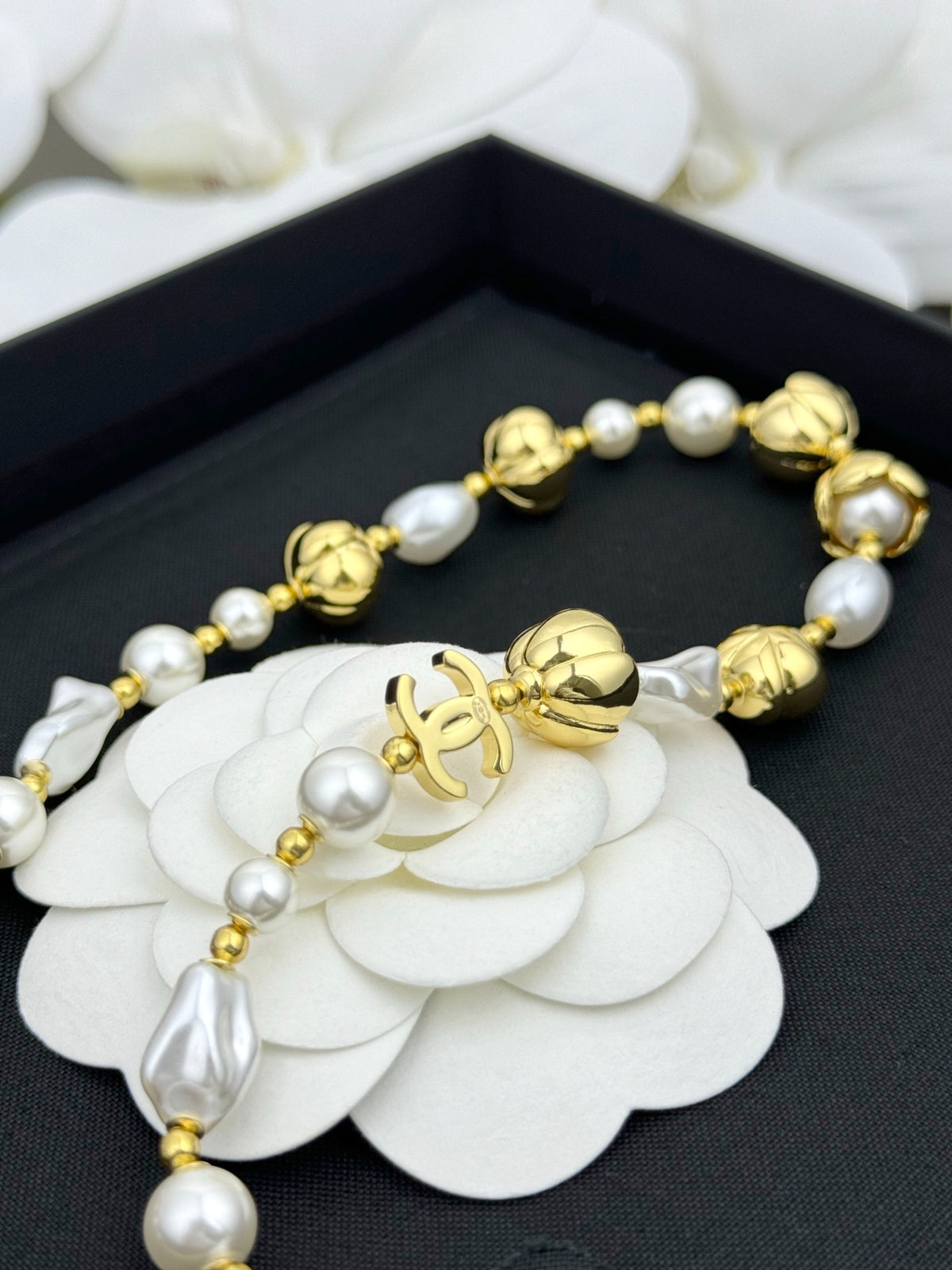 Gold Tone Floral & Baroque Pearl Necklace