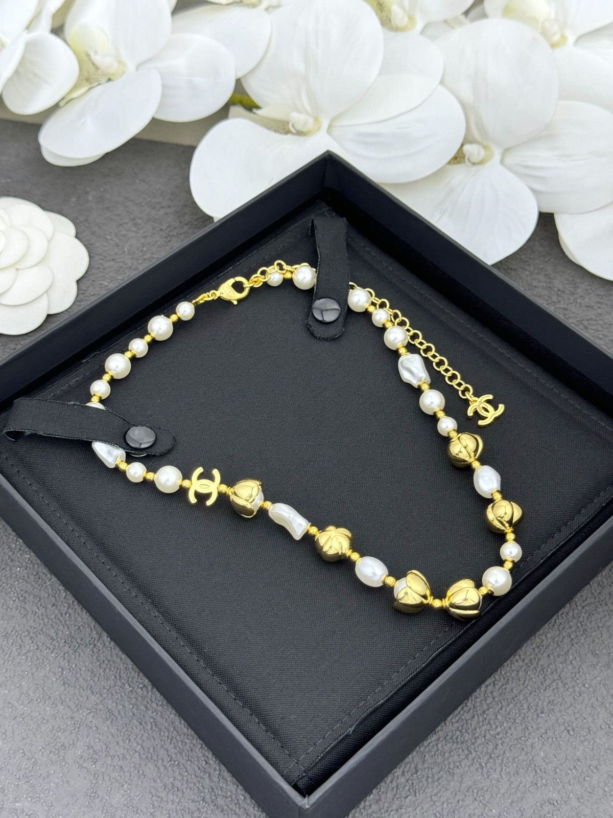 Gold Tone Floral & Baroque Pearl Necklace
