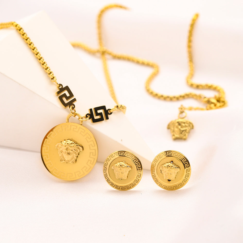 304 Stainless Steel Engraved Medallion Greek-Key Chain Necklace