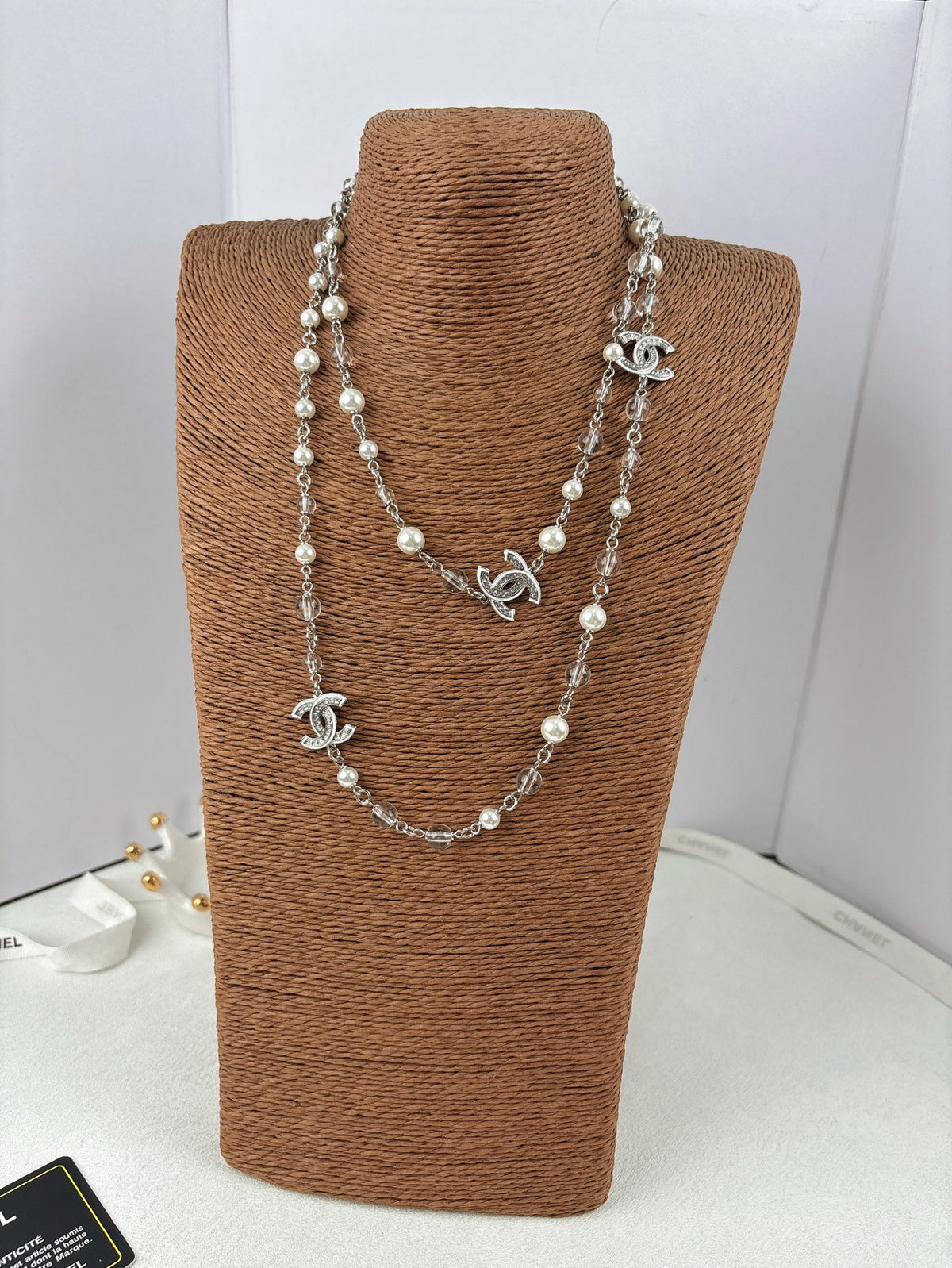 Silver Tone Faux Pearl Sweater Necklace, White Enamel, Sequins & Clear Beads