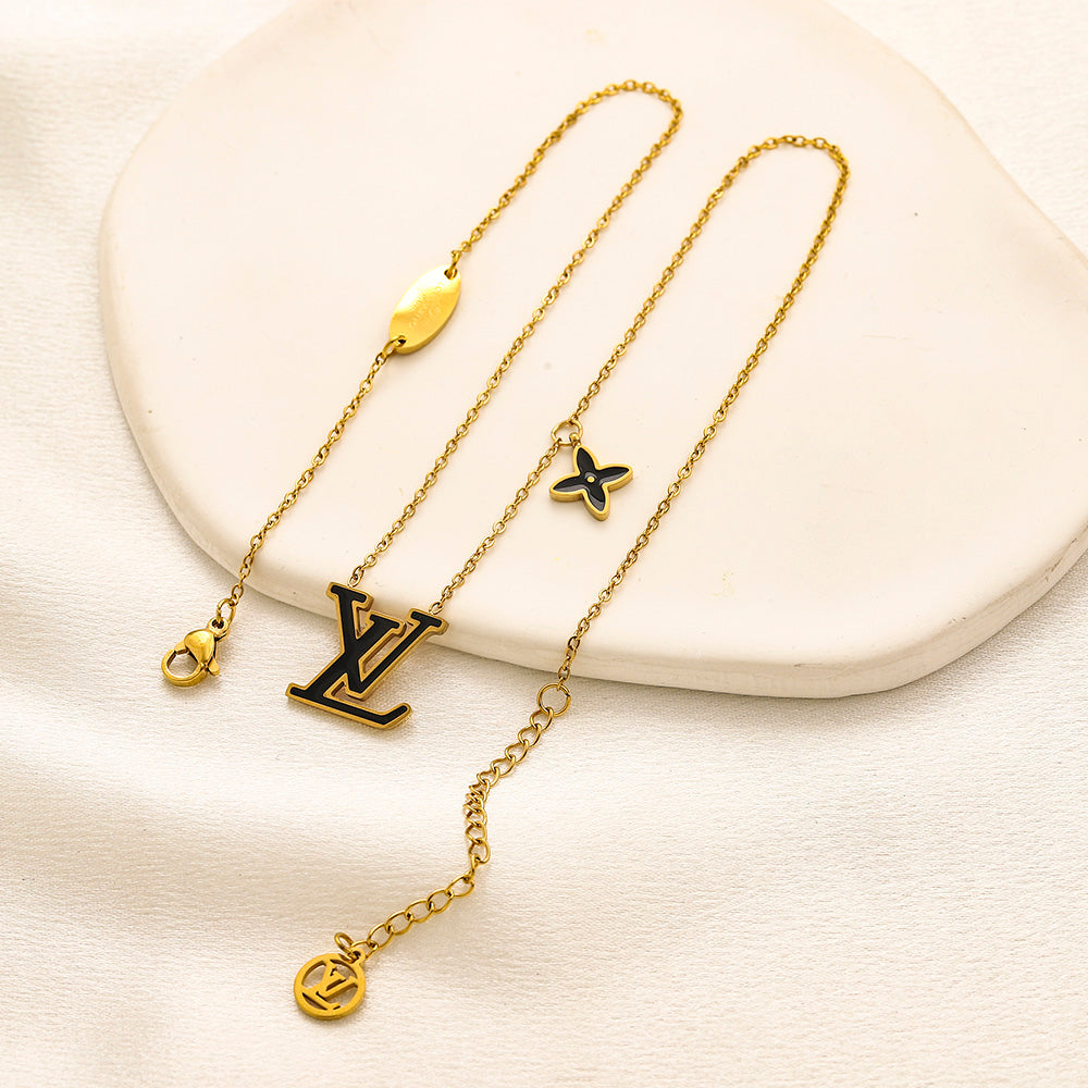 304 Stainless Steel Color-Inlay Monogram & Flower Necklace