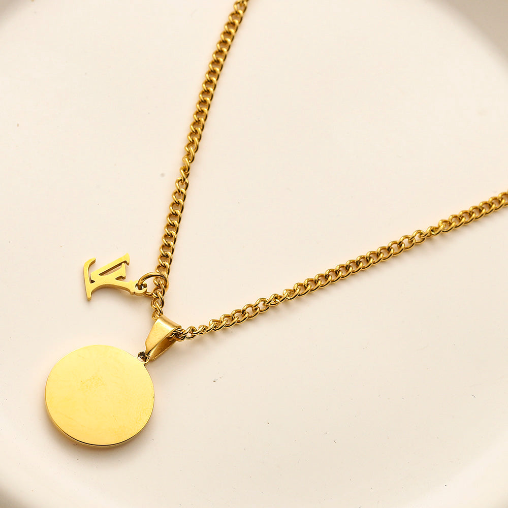 304 Stainless Steel Round Medallion & Monogram Charm Necklace
