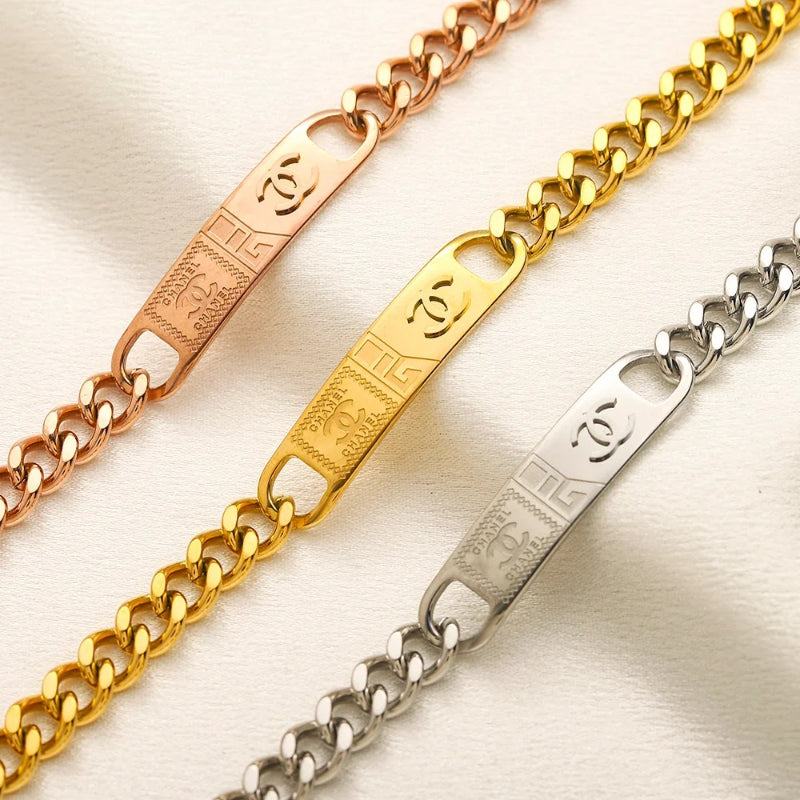 Pulseira de Corrente com Placa de Aço Inoxidável 304 com Monograma Gravado