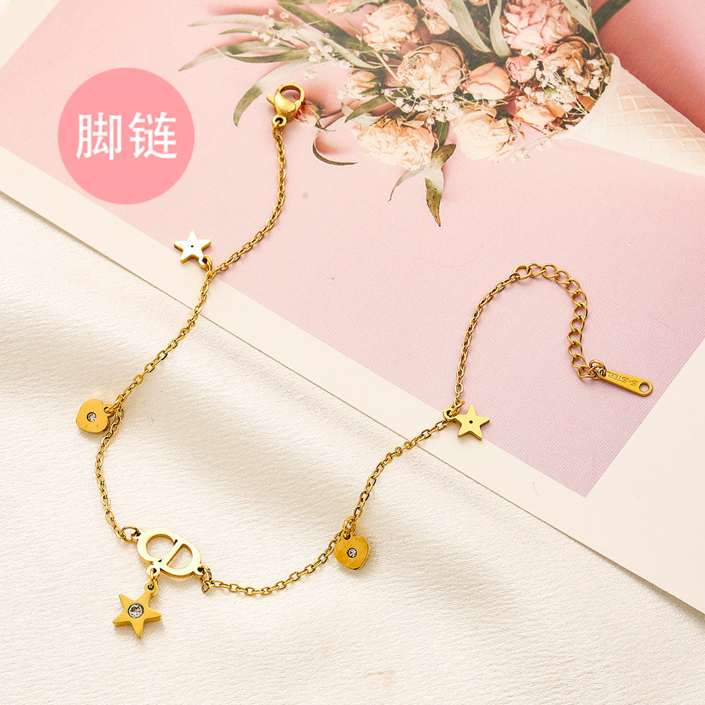 304 Stainless Steel Flower & Round Charm Anklet