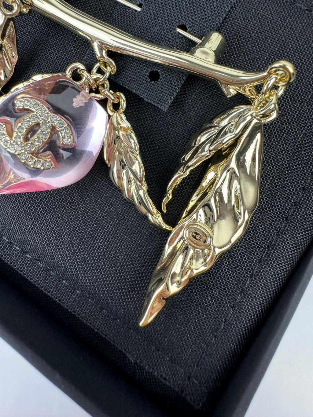 Leaf Bar Brooch with Pink Faceted Pendant