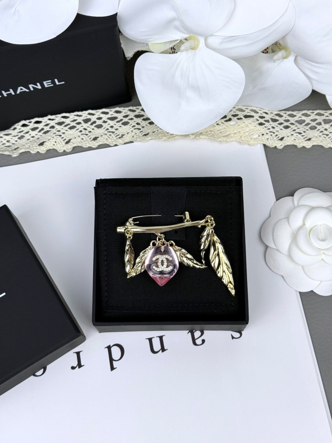 Leaf Bar Brooch with Pink Faceted Pendant