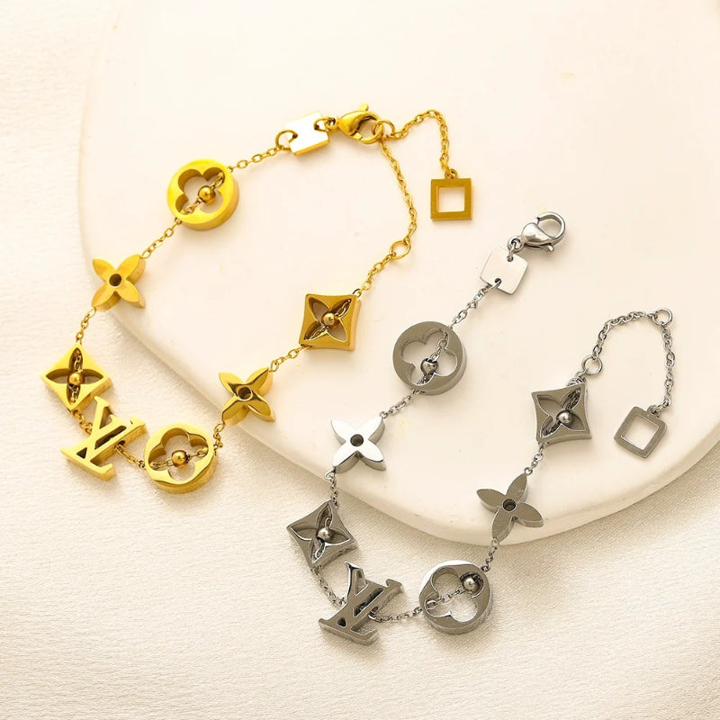 304 Stainless Steel Geometric Floral Monogram Link Bracelet