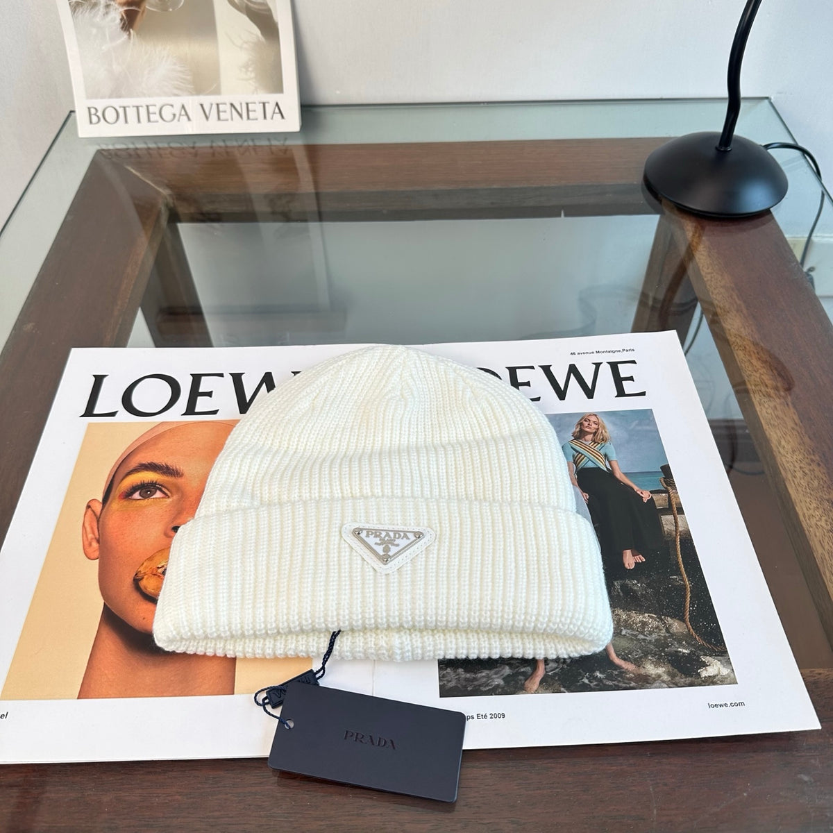 Ribbed Knit Beanie with Triangle Emblem