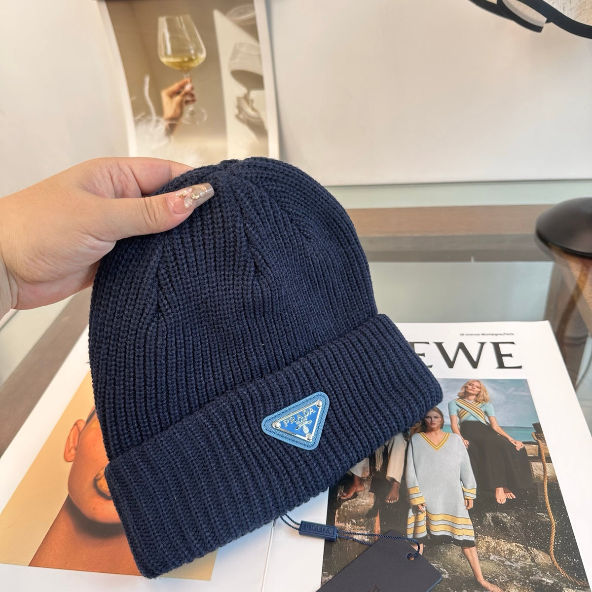 Ribbed Knit Beanie with Triangle Emblem