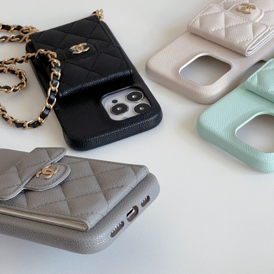 Quilted Phone Case with Emblem Clasp and Chain