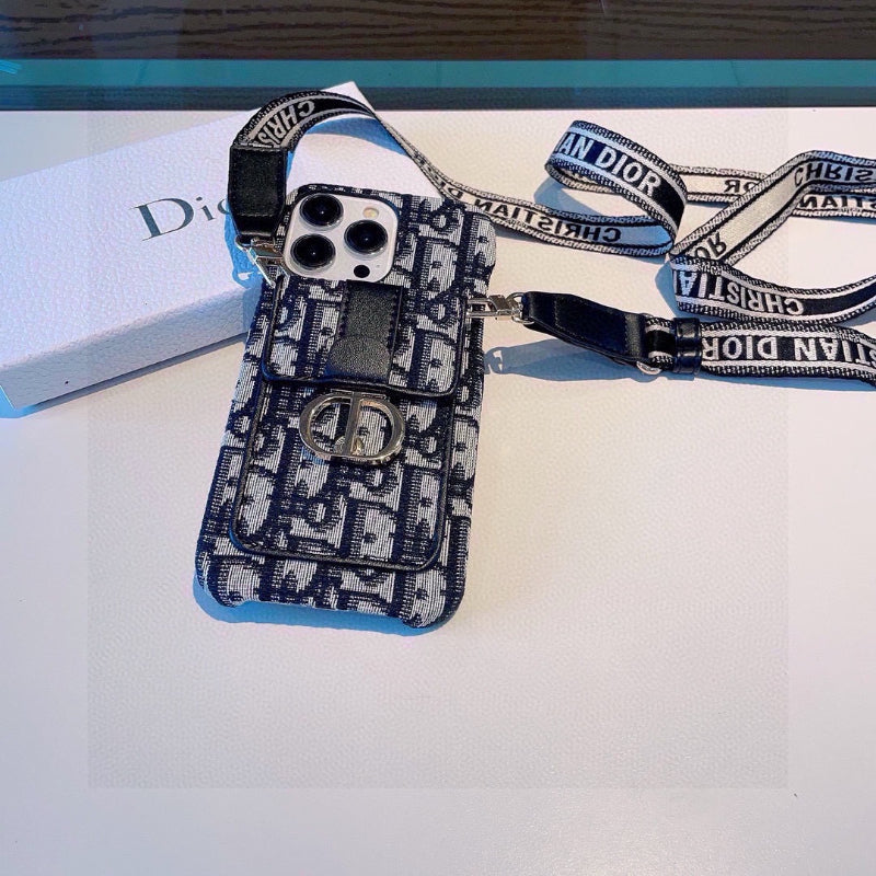 Funda para teléfono con tarjetero, monograma y correa estampada