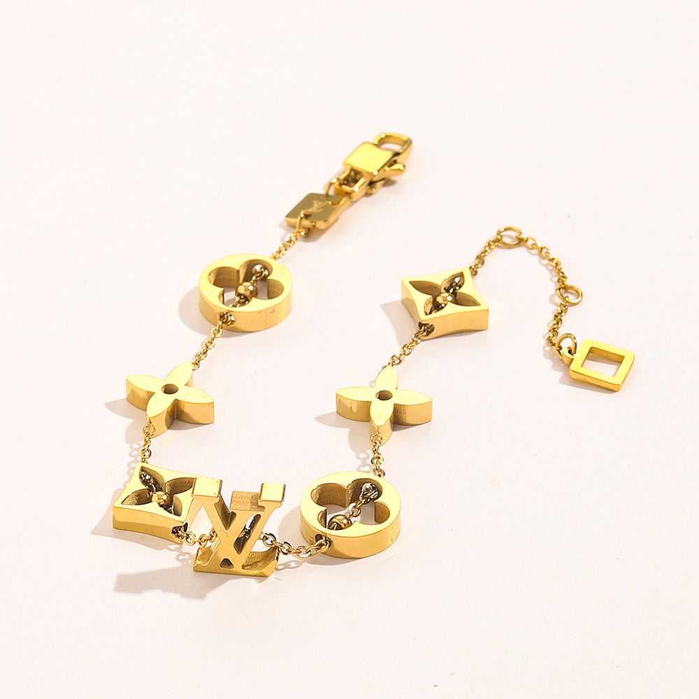 304 Stainless Steel Geometric Floral Monogram Link Bracelet