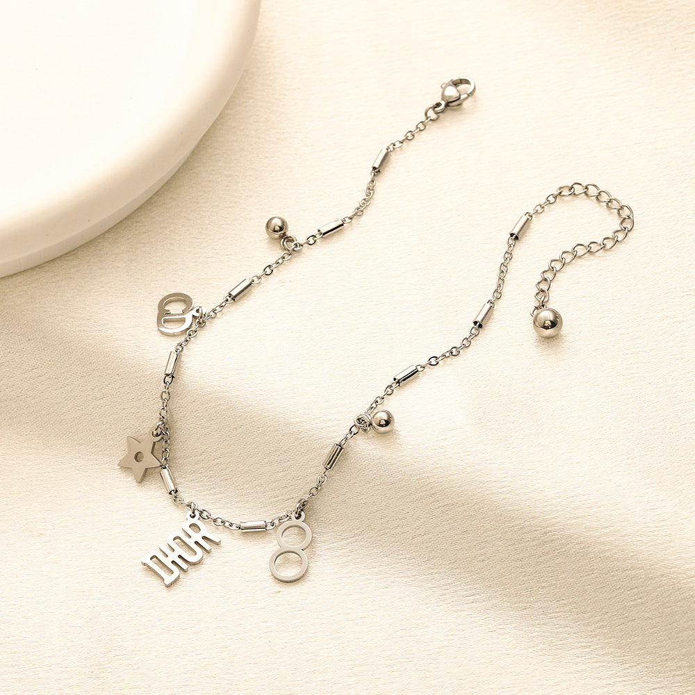 304 Stainless Steel Letter & Open Circle Charm Anklet