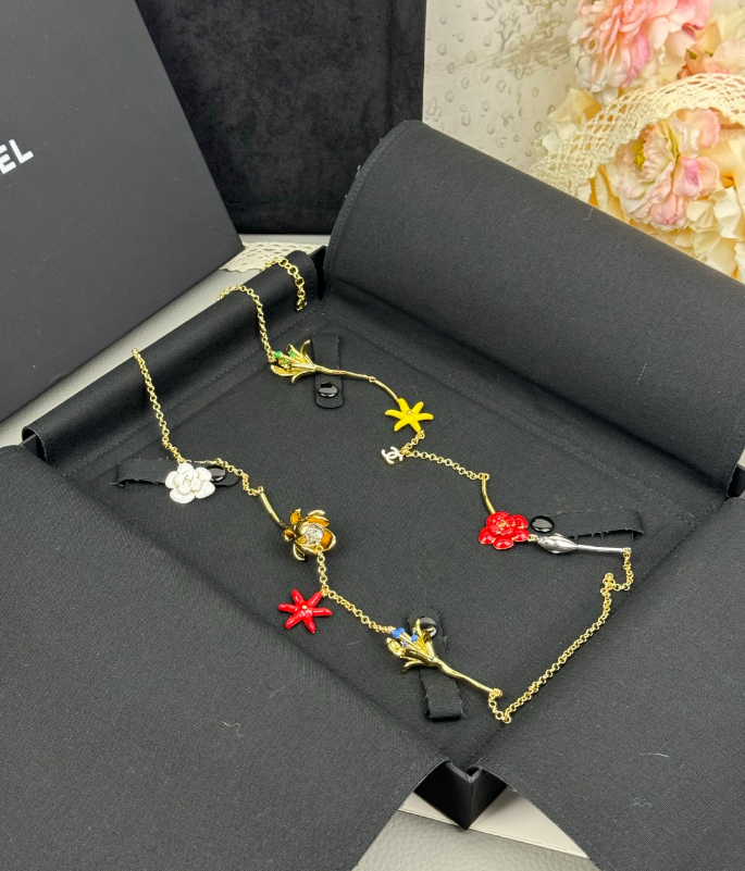Gold Tone Long Sweater Necklace, Multicolor Enamel Floral Multi-Charm Design